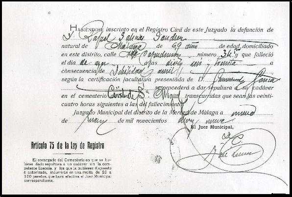 Copia de la Inscripción en el Registro Civil de la defunción de Rafael Salinas Sánchez. A.M.M.